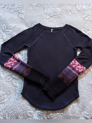 Free People Mixed Up Cuff Thermal Top Waffle Knit Boho Pattern Knit Cuff Sz S🧡 thumbnail 3