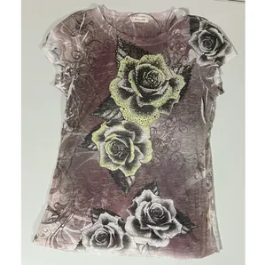 Miss Edge Gray Grey Rose Floral Diamond Studded Lace Short Sleeve T-Shirt Top Blouse Tee Size S 🌹✨ thumbnail 2