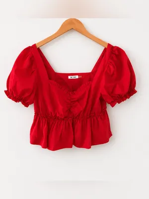 Anthropologie Coquette Puff Sleeve Babydoll Peplum Top Red Cottagecore Medium Feminine Whimsy thumbnail 5
