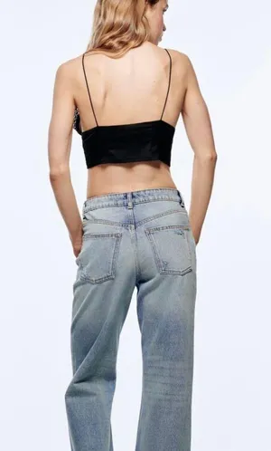 ZARA Black Combined Satin Lace Trim Cropped Bralette Top thumbnail 4