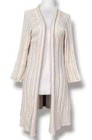 Fossil Cream Pointelle Knit Longline Open Front Duster Cardigan Casual Layer thumbnail 1