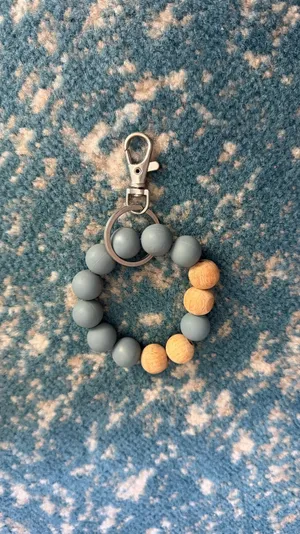 Beaded Wristlet Keychain - Light Blue and Natural Wood thumbnail 2