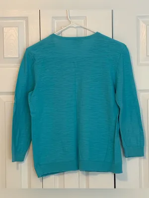 LOFT Teal Crewneck Button Cardigan thumbnail 2