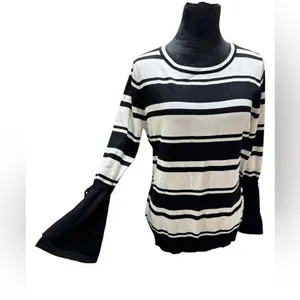 Vila Milano Striped Bell Sleeve Sweater Medium Black White Nautical‎ Knit thumbnail 2