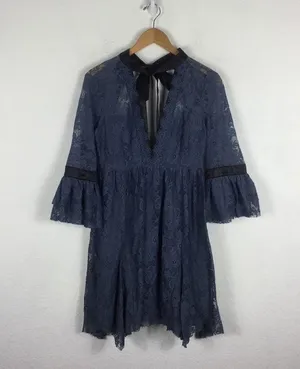 NWT Free People Gilded Lace Victorian Dusty Blue Bow Tunic Mini Dress Small thumbnail 3
