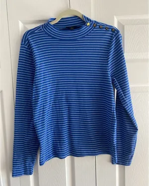 J Crew Womens Large Blue Striped Long Sleeve‎ Gold Button Black Label thumbnail 1