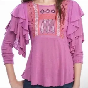Free People La Cienega Wisteria Mauve Embroidered Sheer Inset Blouse Size L thumbnail 1