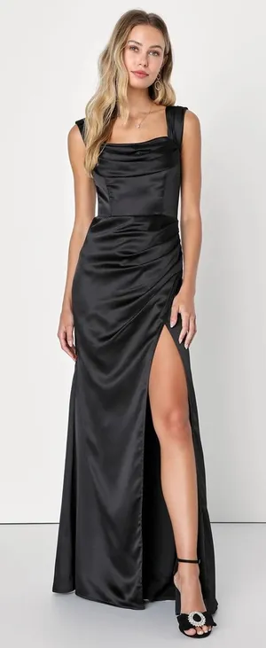 Lulus Stunning Arrival Black Satin Off-The-Shoulder Maxi Dress 2X-Large thumbnail 1