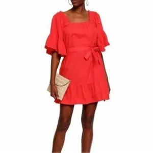 Joie Colstona Square Neck Half Bell Sleeve Ruffle Tomato Red‎ Mini Dress Small thumbnail 10