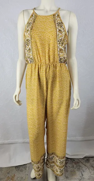 Sienna Sky Womens Jumpsuit Size M Mustard Floral Print Halter Back Keyhole Boho thumbnail 1