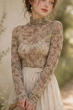 Newline Large Lace Mock Neck Top Floral Mesh Long Sleeve NT12220 Rose Print thumbnail 1