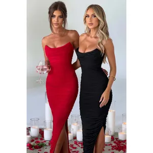 NWT Babyboo Demi Red Ruched High Side Slit Strapless Bodycon Maxi Dress Size M thumbnail 5