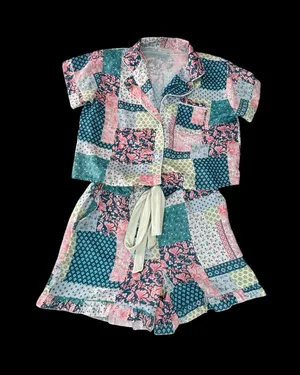 Simply Southern Patchwork Short Pajama Set - Pink, Teal & Cream thumbnail 1