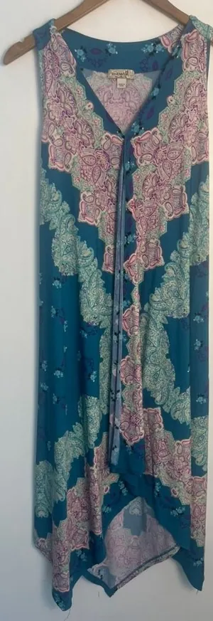 One World Wm LG Teal Paisley Sharkbite Hem Sleeveless V-Neck Midi Dress Boho thumbnail 1