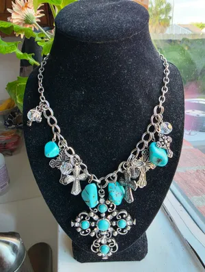 Western Turquoise & Crystal Cross Charm necklace thumbnail 1