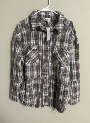 BKE Oversized Plaid Long Sleeve Shirt Medium Brown Blue Frayed Raw Edge Grunge thumbnail 1