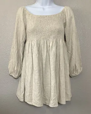 Cream Peasant Blouse S Smocked Gauzy Cottagecore Renaissance Fair‎ Babydoll Boho thumbnail 1
