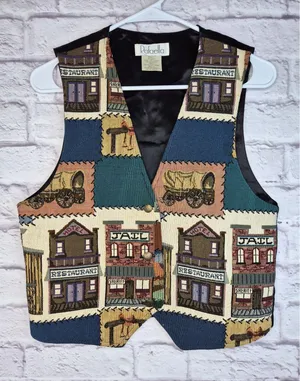Vtg 90s Rafaella Western Tapestry Vest Small Cowboy Saloon Jail Wagon Waistcoat thumbnail 1