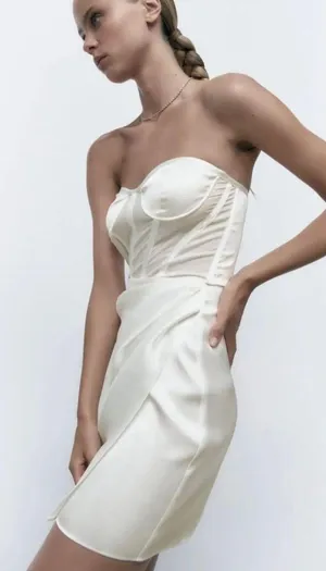 Zara dress white wedding corset bridal shower mini sleeveless satin lingerie effect thumbnail 5