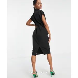 ASOS DESIGN Black Short Sleeve Knot Front Midi Dress US 14 V-Neck Collar thumbnail 4