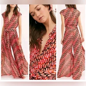 Free People Sahara Jumpsuit In Orange/Pink Abstract Print Wide Leg Boho Gypsy S thumbnail 2