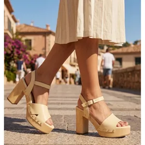 Sarto by Franco Sarto Wally Cream Leather Wood Platform Block Heel Sandals 9 thumbnail 1