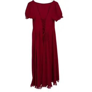 Scarlet Darkness Maxi Dress Women M Red Excellent Lace Up Gothic Victorian Ruche thumbnail 7