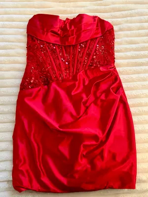 NWT Stacees Strapless Corset Mini Dress Size US6 Red Satin thumbnail 1