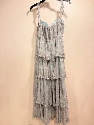 ASTR Pale Blue Floral Tiered Sweetheart Maxi Boho Dress Flutter Straps Size S thumbnail 3