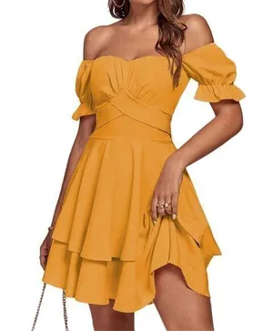 NEW Tie Back Off Shoulder Wrap Layer Ruffle Short Sleeve Mini Dress M thumbnail 1