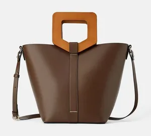 Zara rigid shopper bag square wooden handle spring boho designer resort casual thumbnail 1