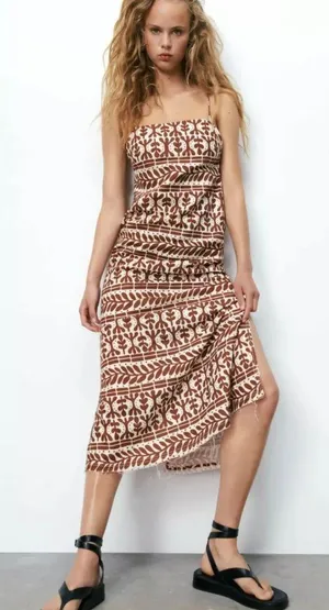 ZARA Brown Printed Linen Blend Dress thumbnail 1