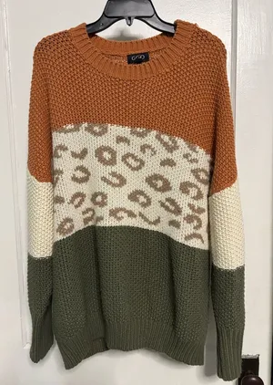 G&D Women's Leopard Print Colorblock Sweater - Orange, Cream, and Green thumbnail 1