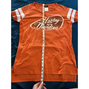 Harley Davidson T Shirt Orange & White Striped Sleeves Women XS Baton Rouge LA thumbnail 3
