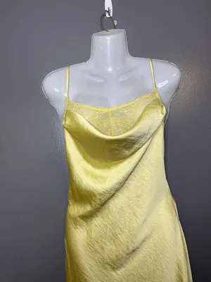 Cider Dress Womens Medium Yellow Satin Lace Cowl Neck Backless Slip Maxi thumbnail 2
