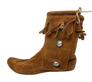 Taos Brown Fringed Suede Leather Tie Button Mid Calf Moccasin Boots Size 10.75 thumbnail 1