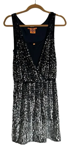 Tory Burch Black‎ & Silver Sequin V Neck Sleeveless Silk Mini Dress Size XS thumbnail 1