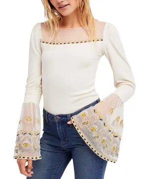 Free People Small Top Ivory Embroidered Bell Sleeve‎ Flared Boho Dramatic 696 thumbnail 1