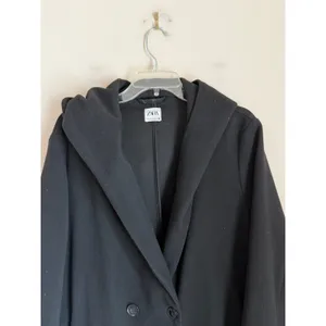 Zara Hooded Top Coat Oversized Womens Med Black Long Sleeve Button Front Ovecoat thumbnail 3