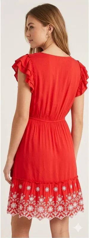 SOLITAIRE Red Summer Dress Women’s Size Medium Boho Eyelet Hem Ruffle Sleeve thumbnail 1