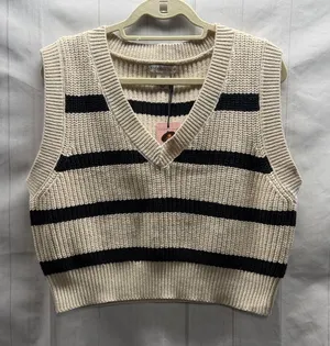 Sincerely Jules NWT Black and Cream Striped V-Neck Knit Sweater Vest Size Medium thumbnail 1