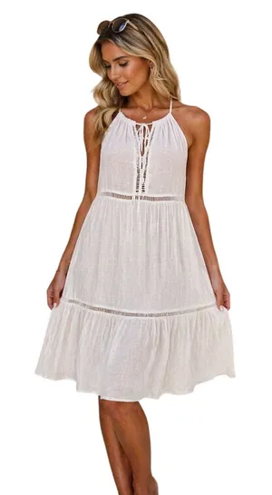 Cupshe White Gauze Tiered Mini Dress Boho Tie Neck XL NWT Festival thumbnail 1
