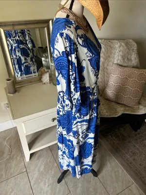 White closet elements white blue boho cottage paisley wrap Midi dress L thumbnail 11