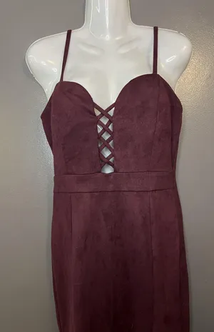 Windsor Dress Womens Large Red Suede Bodycon Midi Spaghetti Strap Sweetheart thumbnail 1