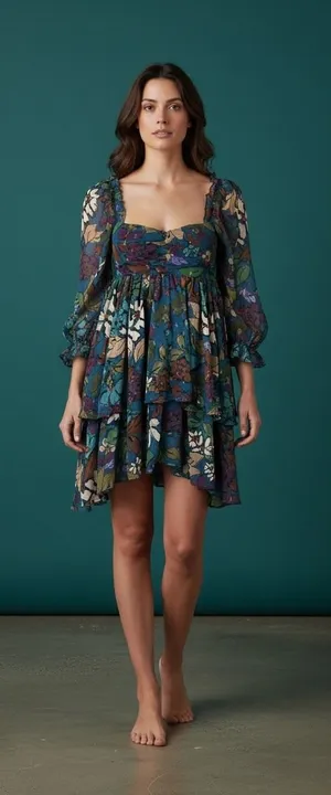 Meet‎ me in Santorini Floral Babydoll Dress Square Neck Tiered Ruffle Sleeve XS thumbnail 1