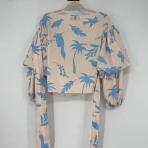 Lulus Tropical Bird Palm Print Wrap Top Peach Blue‎ Puff Sleeve Size Small thumbnail 3