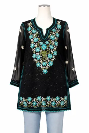 Boho‎ Floral Hand Embroidered Kurta Tunic Top Black Turquoise Scallop Trim M/L thumbnail 1