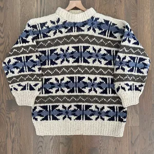 Anthropologie Vintage Heavy Knit 100% Wool Fair Isle Crewneck Sweater Cream, Blue, Brown M thumbnail 6
