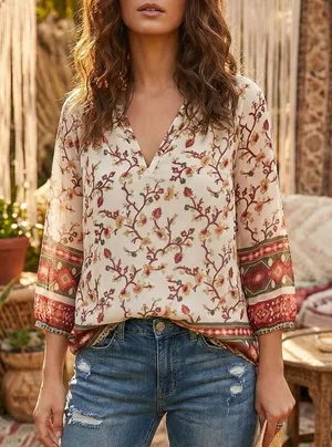 Old Navy Medium White Floral Boho Peasant Top Split Neck Geometric Border Print thumbnail 1
