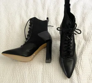 Pointed laced tie faux leather contrast pull on knit ankle boots thumbnail 2